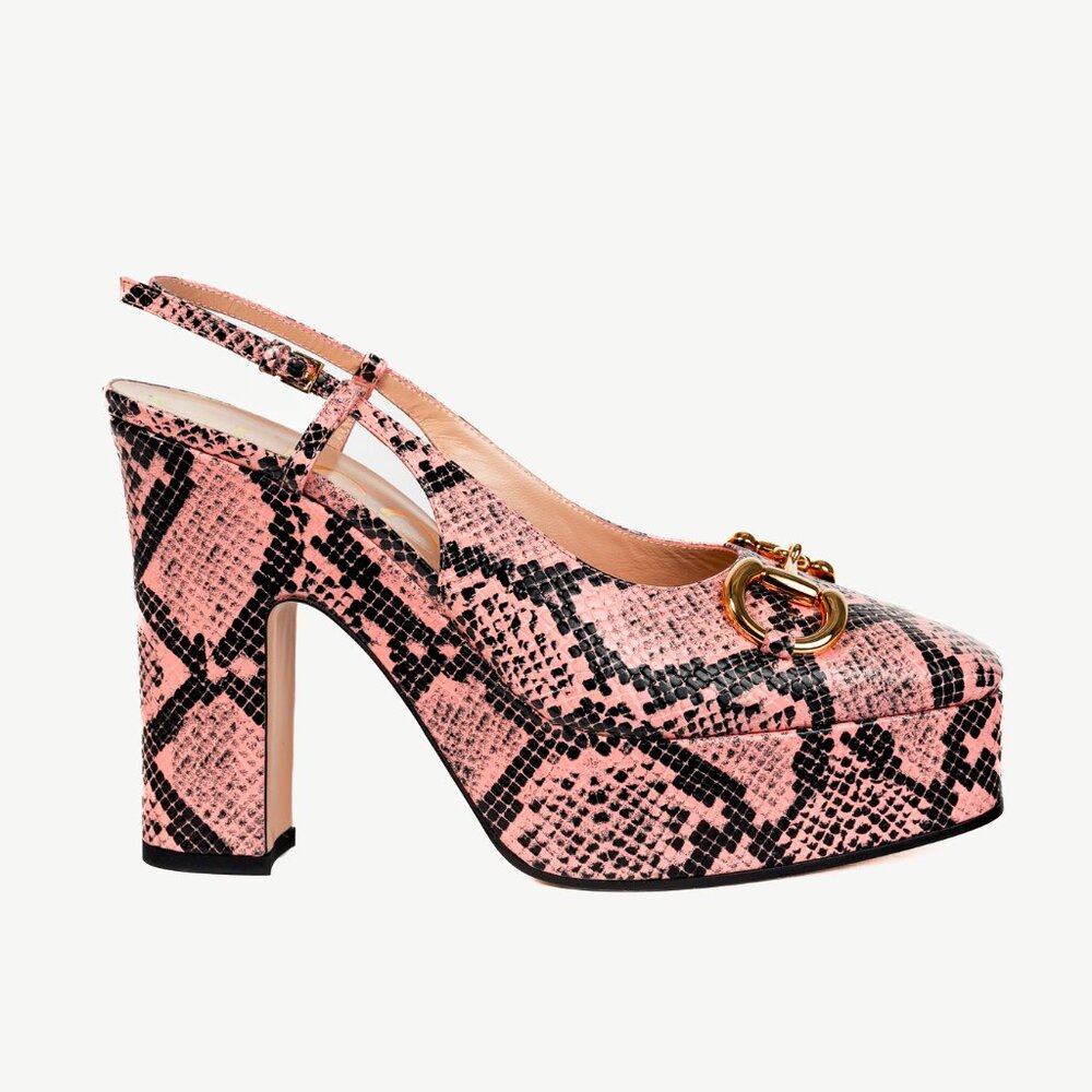 Gucci Wild Rose Python Calf Print Horsebit Platform Sandals